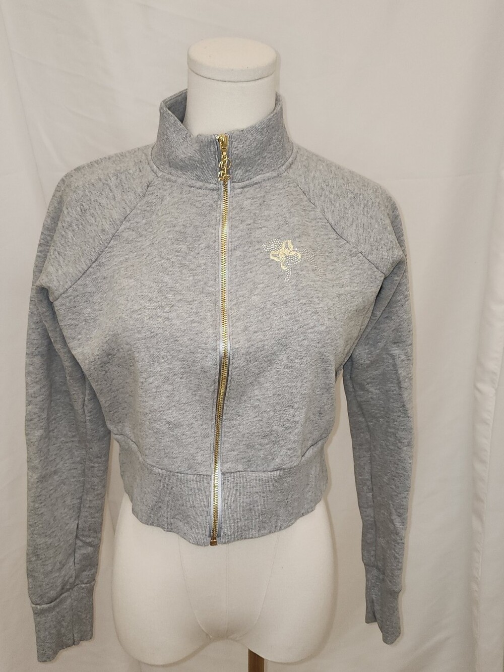 PINK x LoveShackFancy Gray Cropped Full-Zip Sweatshirt Jacket Size S - Picture 2 of 6